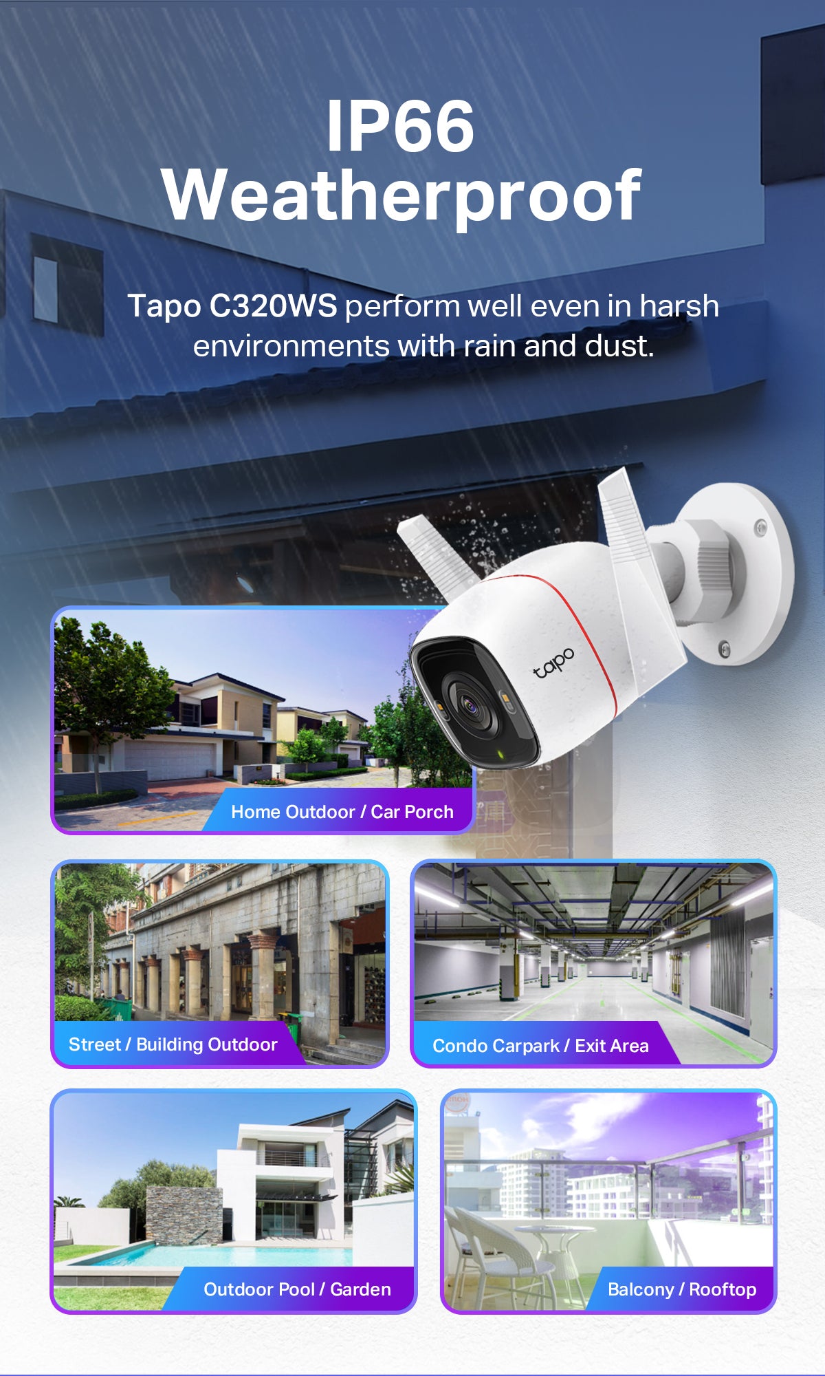 Weatherproof IP66 outdoor Wi‑Fi dome camera for rain and dust protection