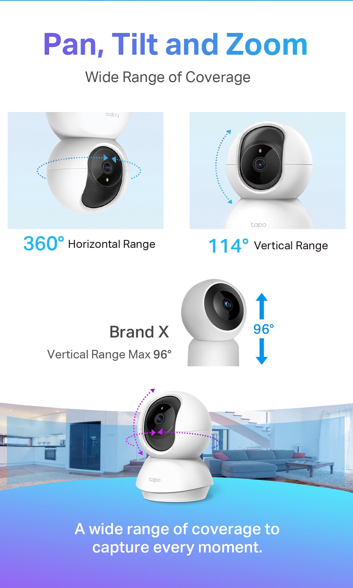Tapo C210 Pan/Tilt-Abdeckung: 360° horizontal, 114° vertikal