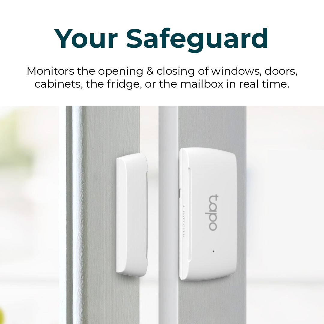 White contact sensor on door/window frame, main unit beside slim sensor
