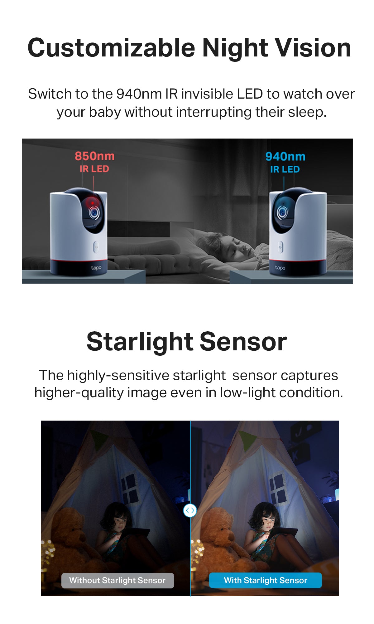 TP-Link Tapo indoor Wi‑Fi security camera with night-vision LEDs