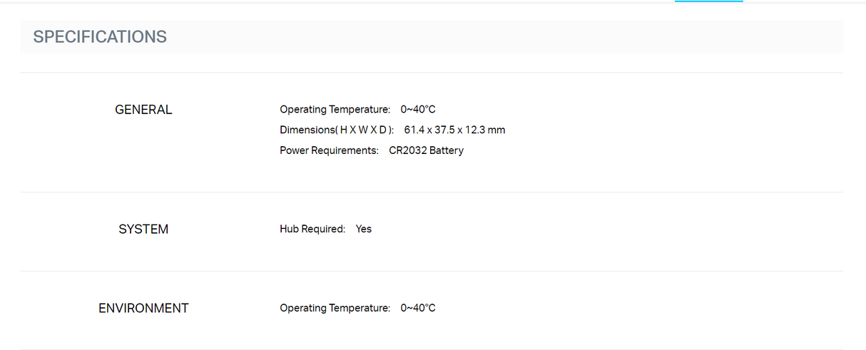 Contact sensor specifications table with dimensions and battery requirement