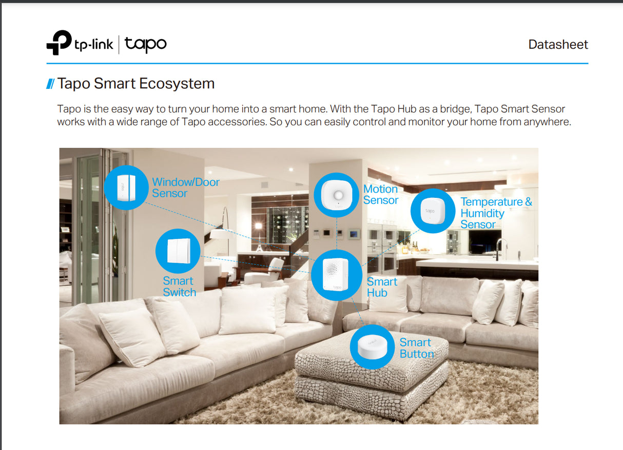 Tapo Smart Temperature & Humidity Sensor featured in smart home ecosystem illustration