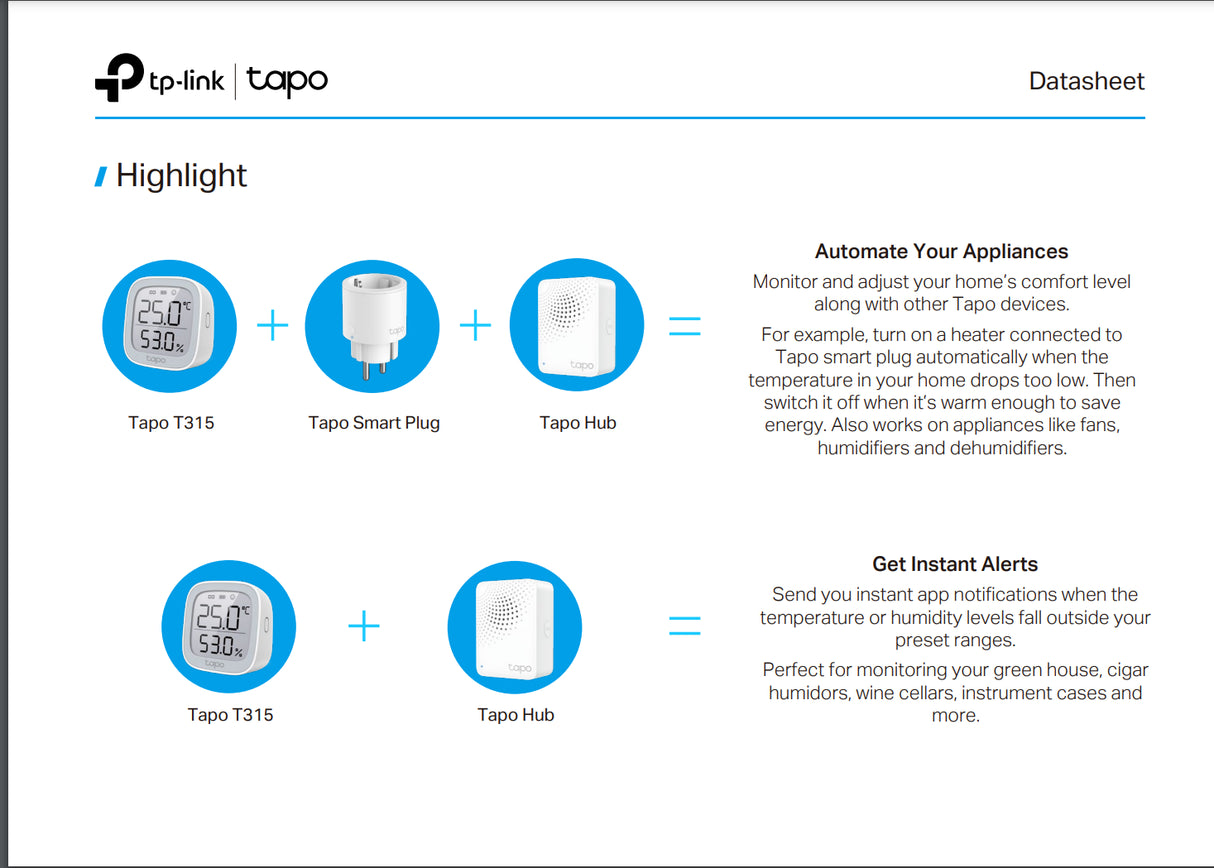 Tapo T315 temperature & humidity sensor highlight with on-screen temperature and humidity