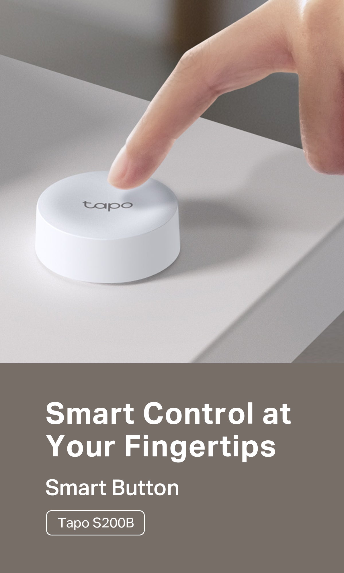 Tapo S200B smart button close-up, fingertip presses the round button
