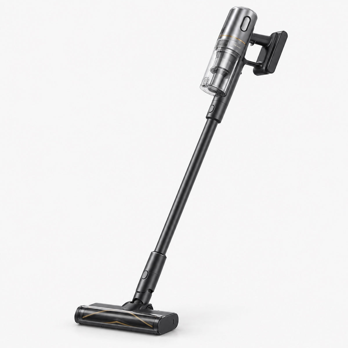 Cordless stick vacuum with clear dust bin and wide floor nozzle