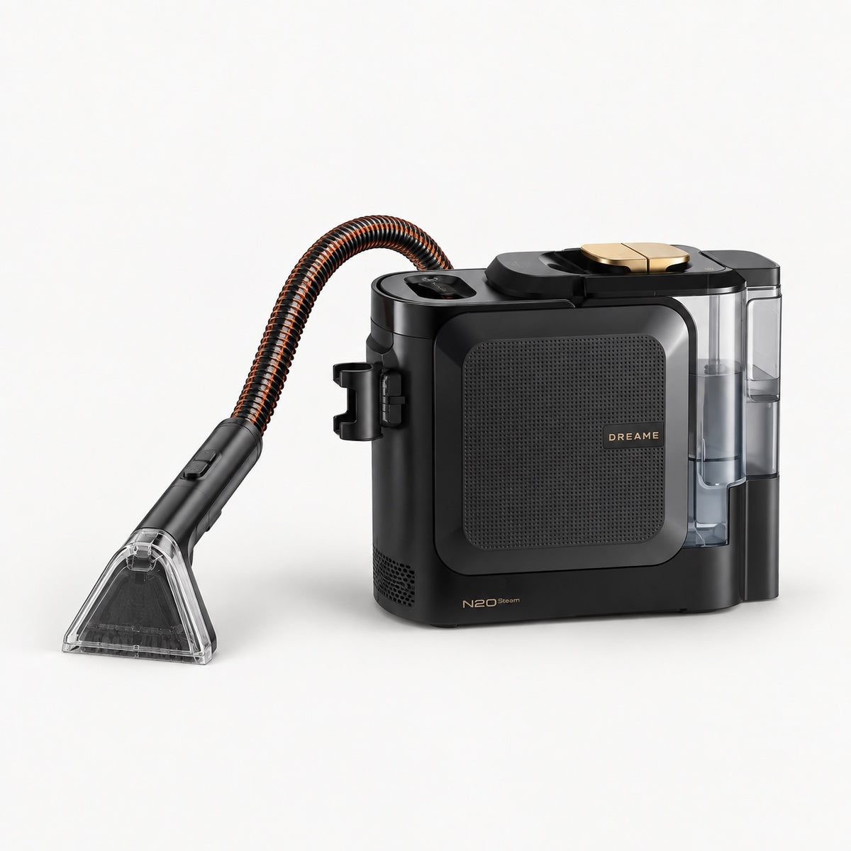 Black portable steam carpet spot cleaner with hose and handheld nozzle attachment