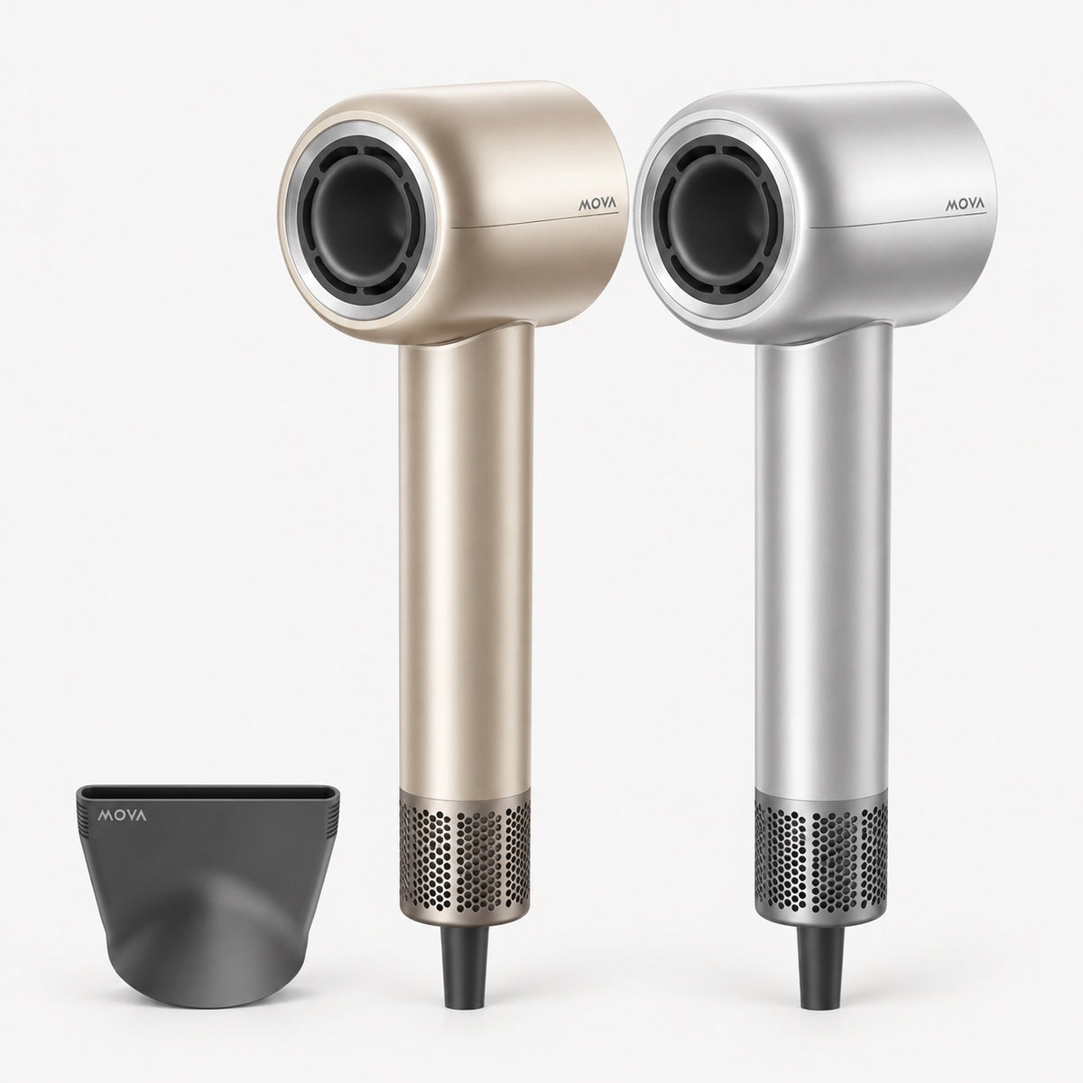 Gold and silver high-speed hair dryers with concentrator nozzle and vent grille