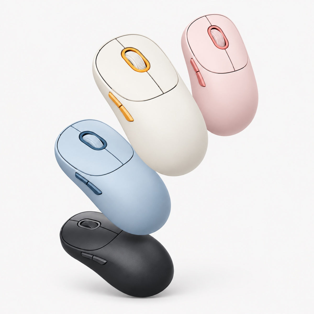 Wireless mouse in off-white, blue, pink, and dark grey, shown together