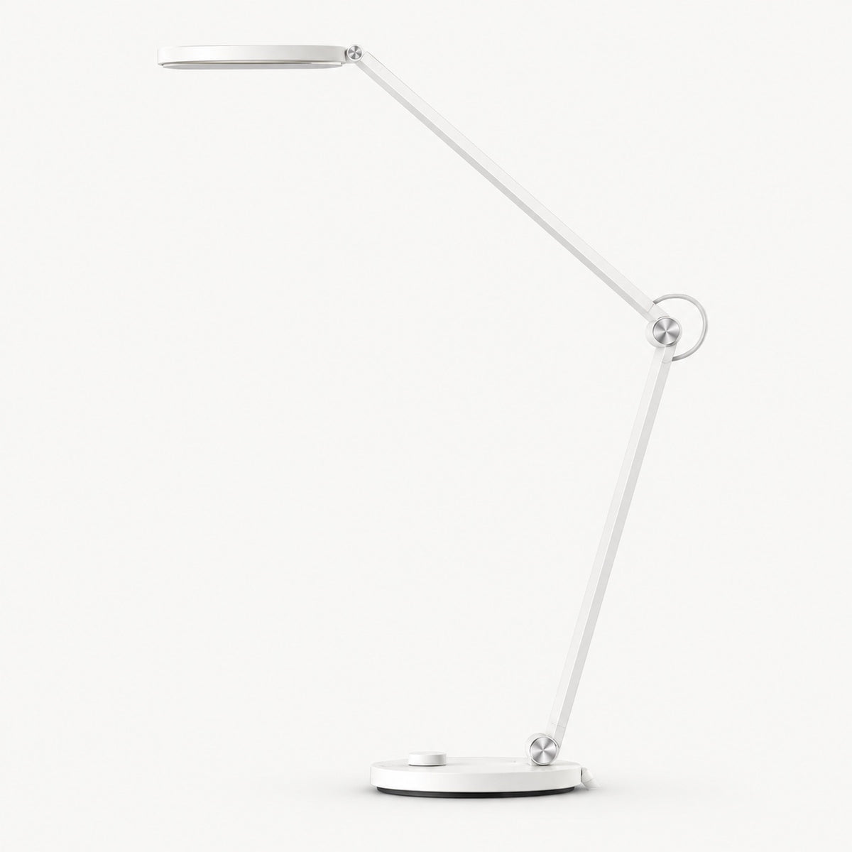 White LED desk lamp with long articulated arms and oval base, adjustable head
