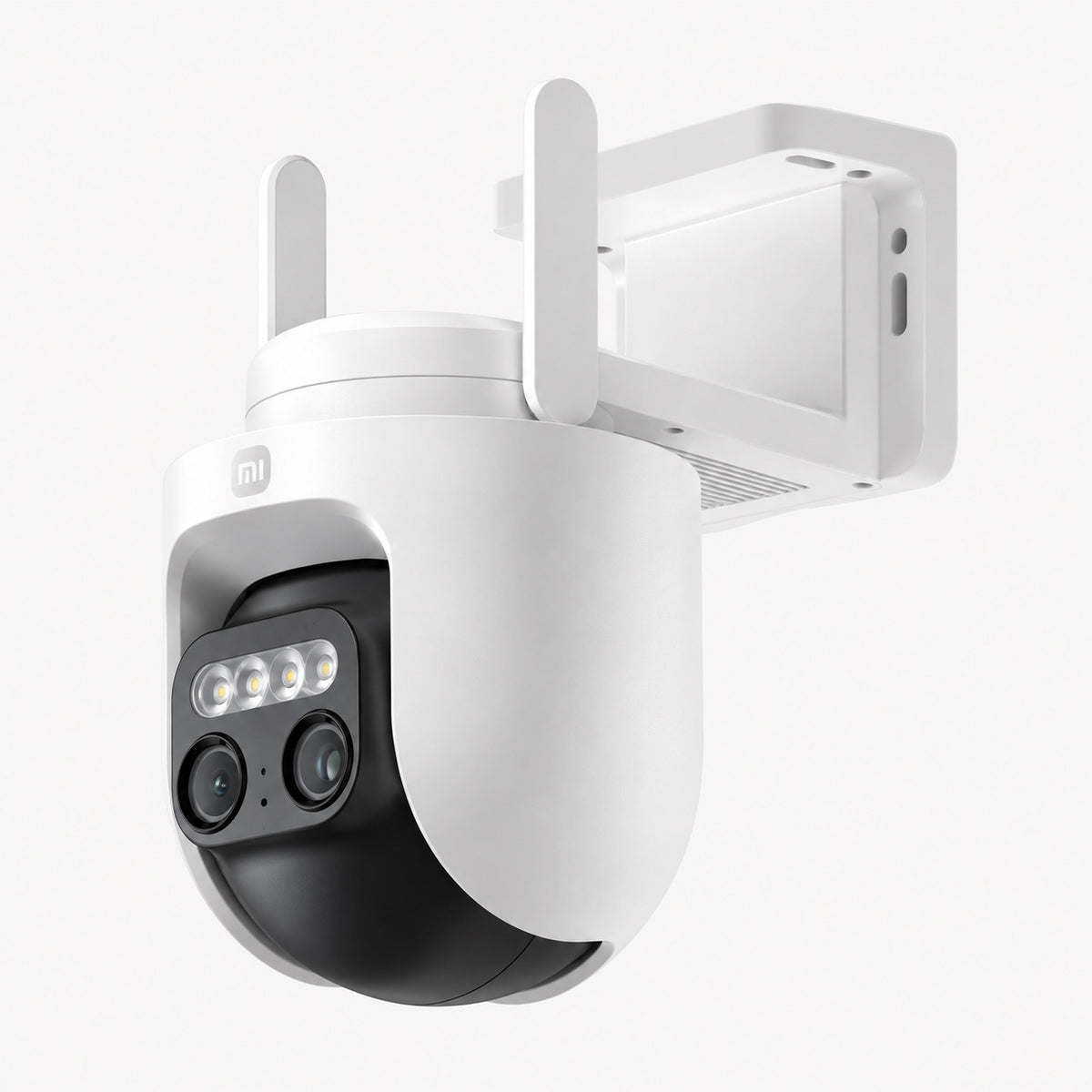 Outdoor security camera with white housing, black lens module, and two antennas