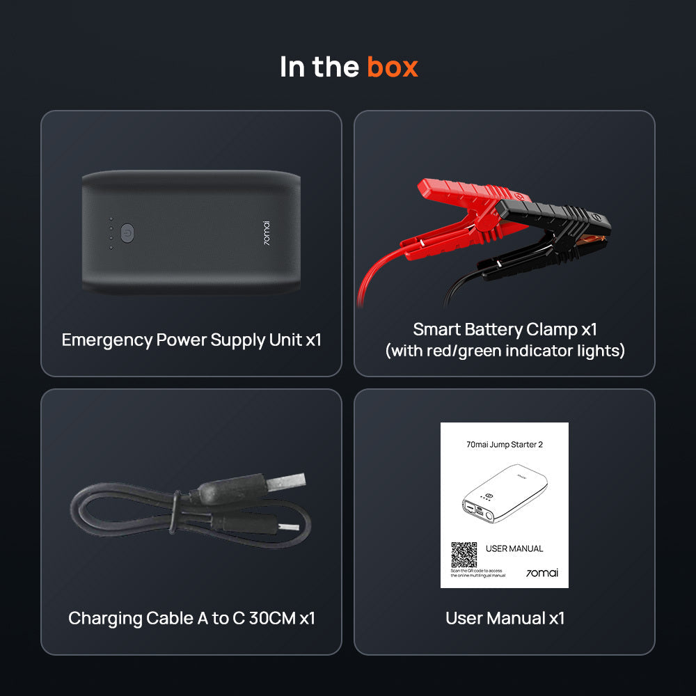 70mai Jump Starter (PS07) Lieferumfang: Gerät, Batterieklemme, Ladekabel, Anleitung