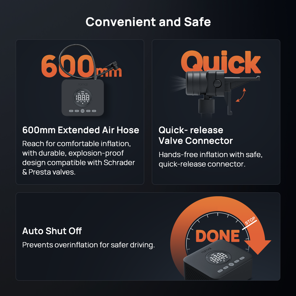 Air pump infographic with extended hose, quick-release valve connector, and auto shut-off gauge