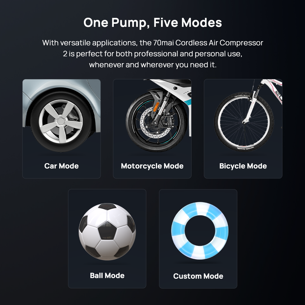 Wireless tire air pump modes graphic: car, motorcycle, bicycle, ball, and custom mode