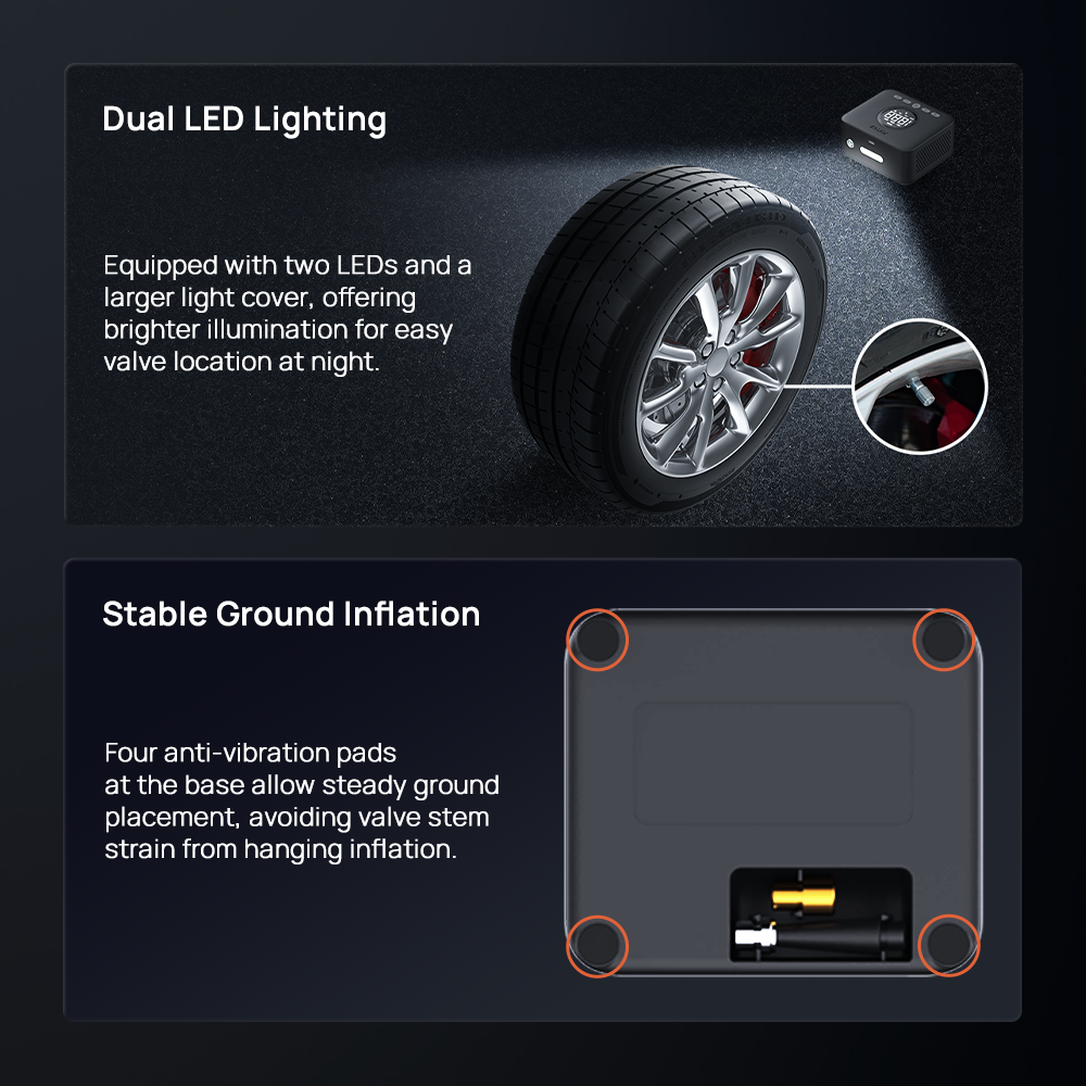 Air pump infographic with dual LED lighting, tire inflating view, and anti-vibration base