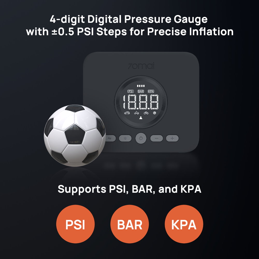 Air pump infographic showing 4-digit digital pressure gauge and unit indicators for PSI/BAR/KPA