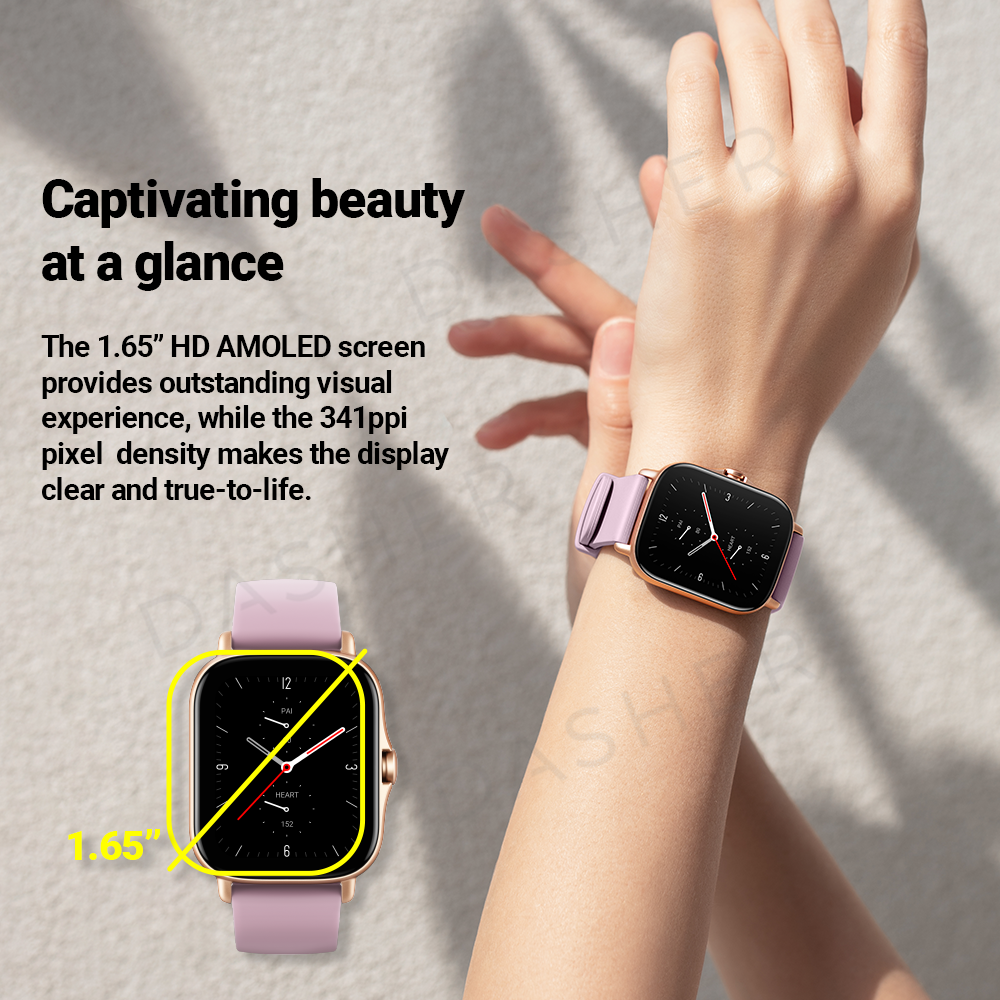 Amazfit GTS 2E smartwatch with Lilac Purple strap and black display