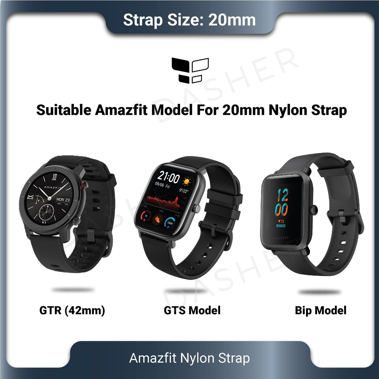 20mm nylon watch strap, compatible for Amazfit models with matching 20mm width
