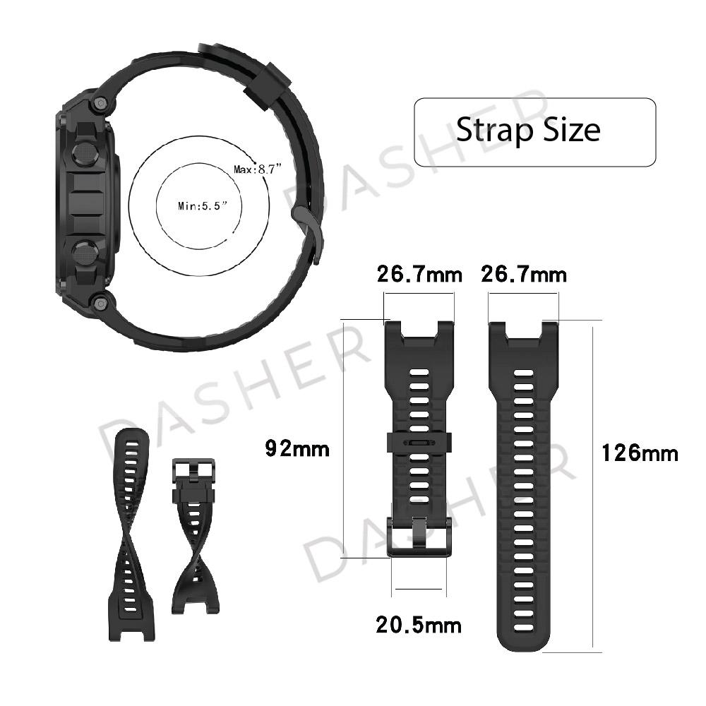 Silicone watch strap size guide: max 8.7 in, min 5.5 in, lengths 92mm/126mm