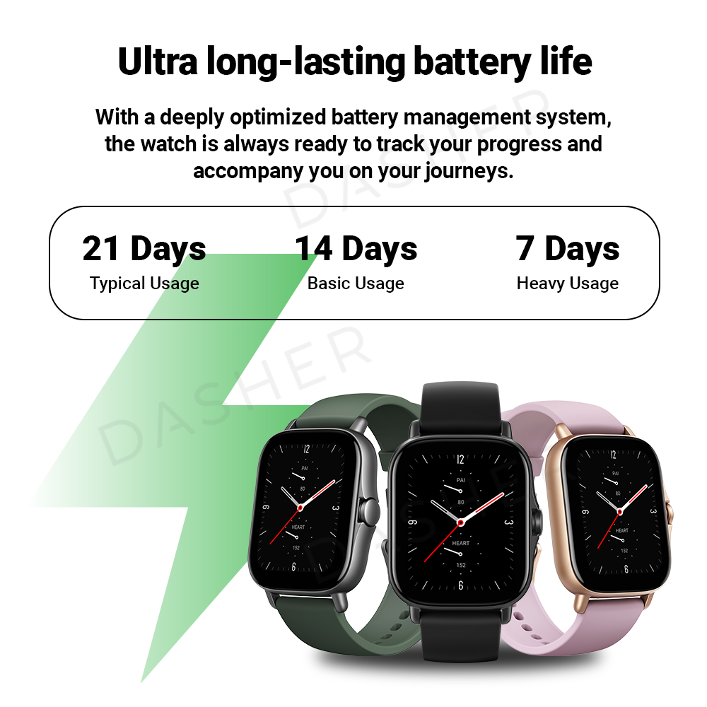 Amazfit GTS 2E smartwatches in Obsidian Black, Moss Green, and Lilac Purple
