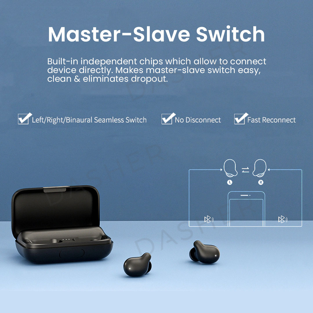 Open black charging case with two wireless earbuds, left and right