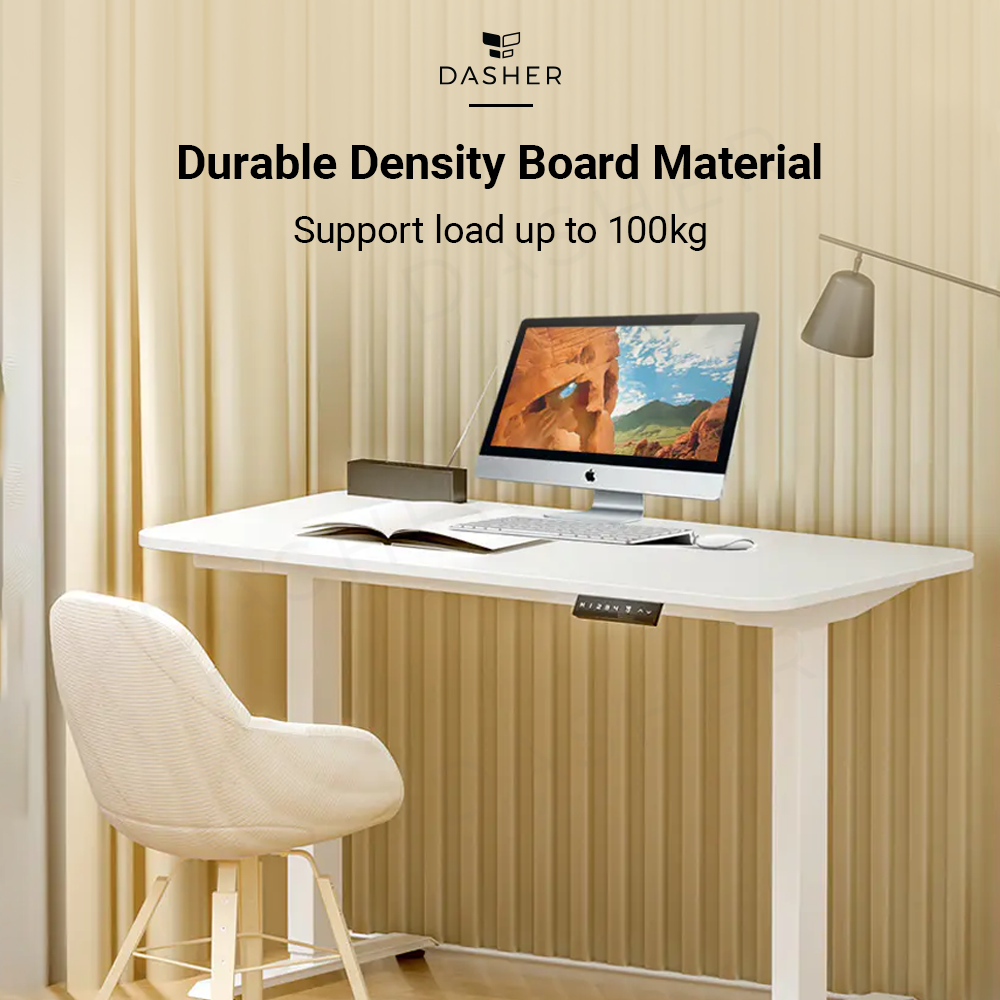 White adjustable desk with wide tabletop and sturdy dual-column frame