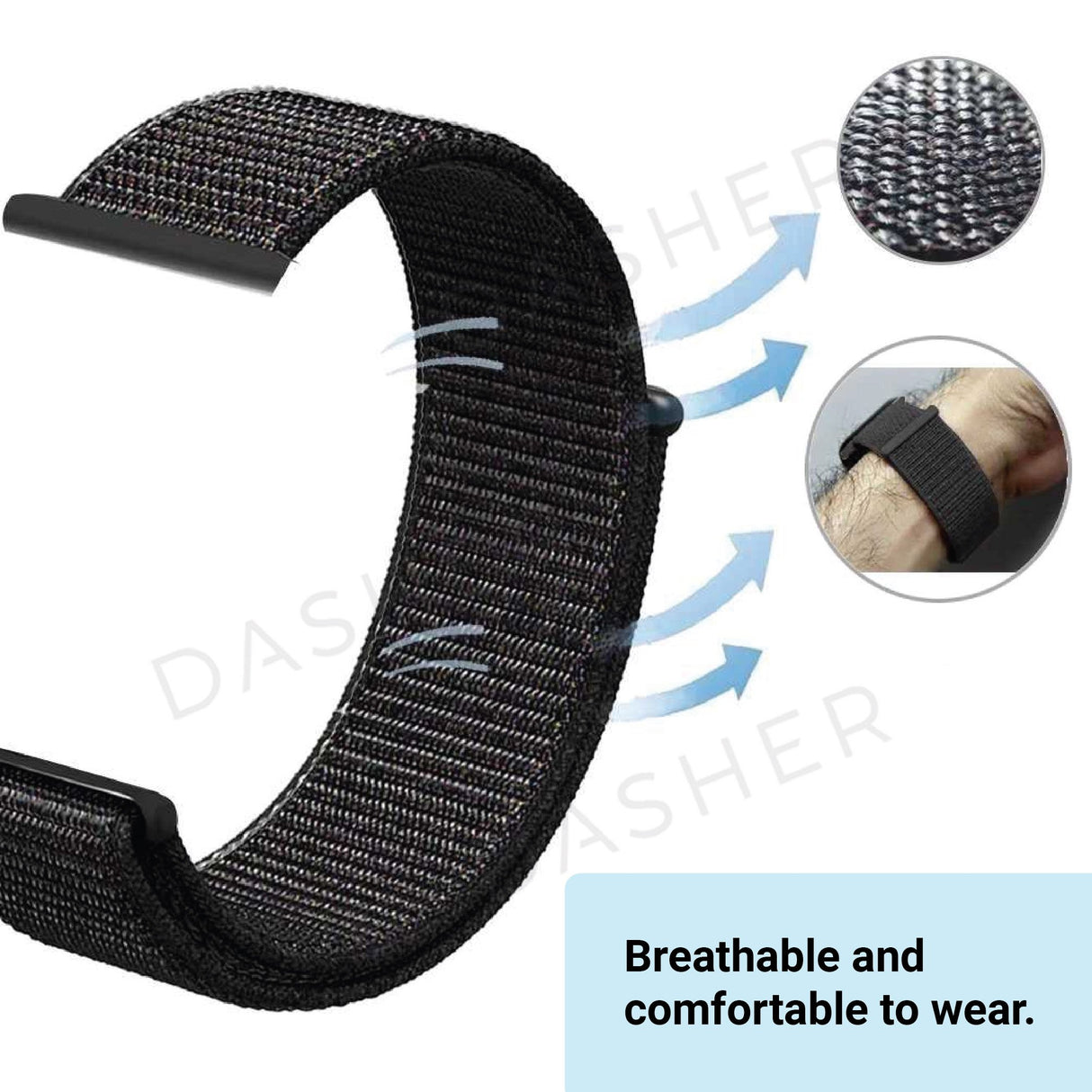 Black nylon watch strap with breathable woven fabric and adjustable wear holes