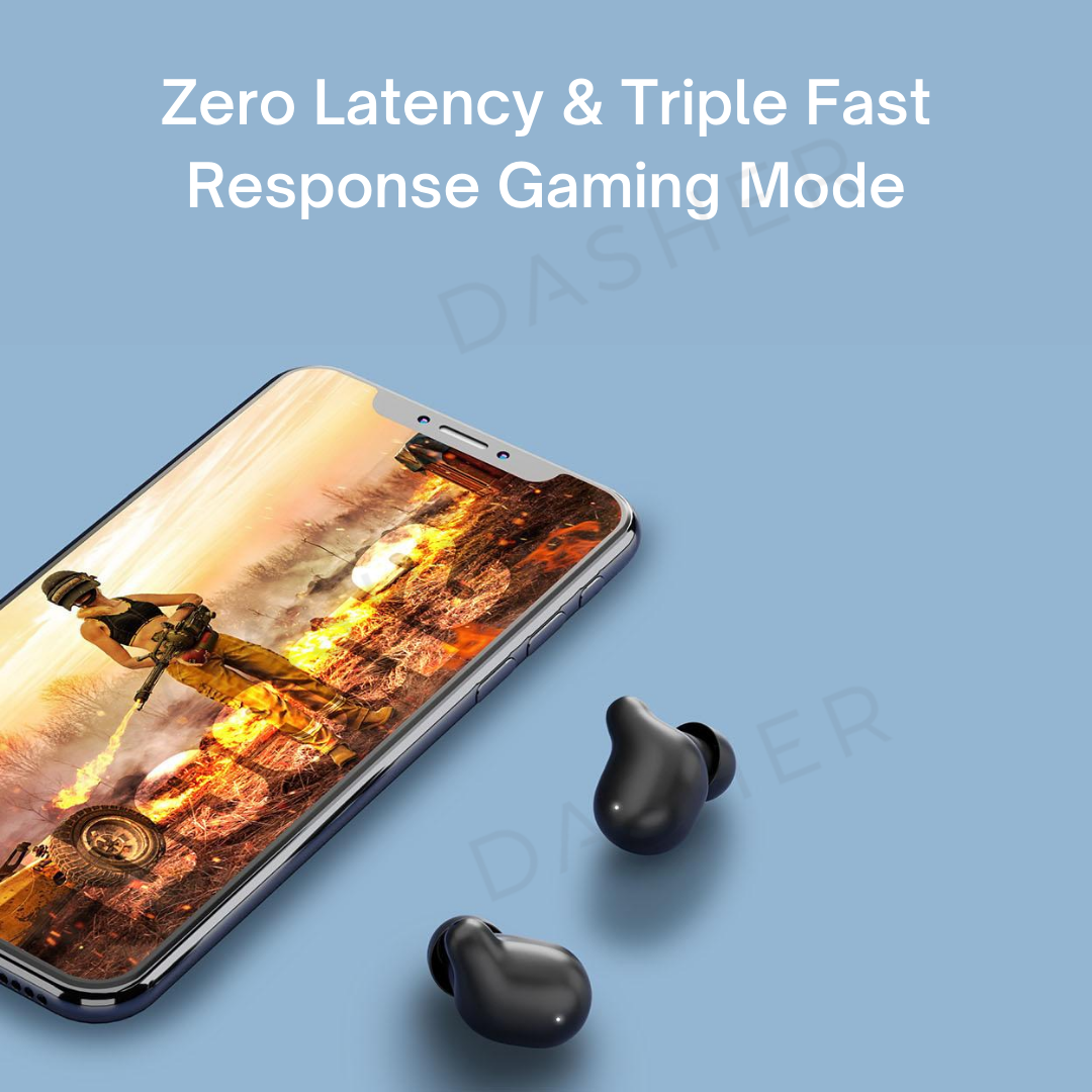 Two black wireless earbuds positioned near a smartphone