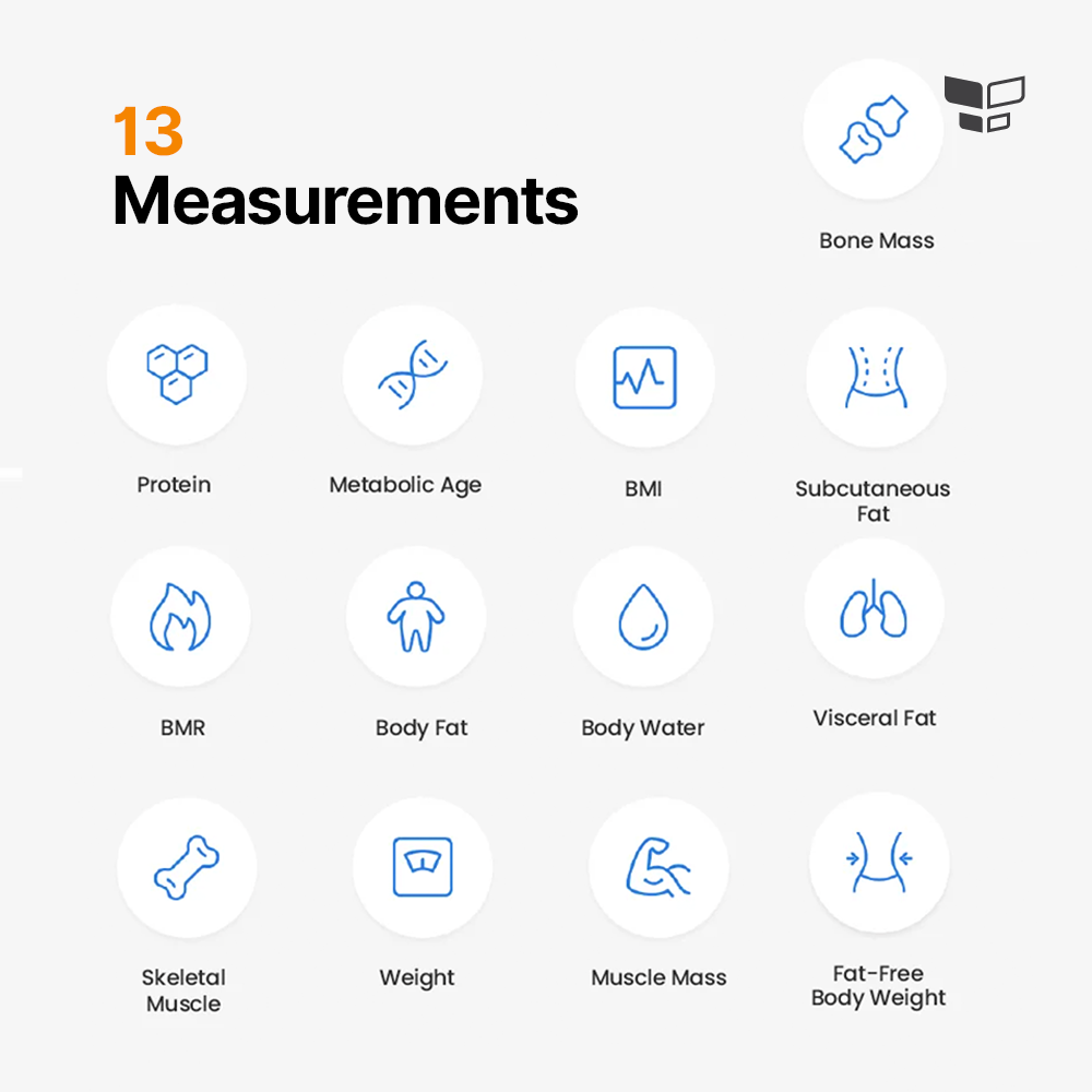 Body fat scale showing 13 measurement categories icons including BMI and body fat