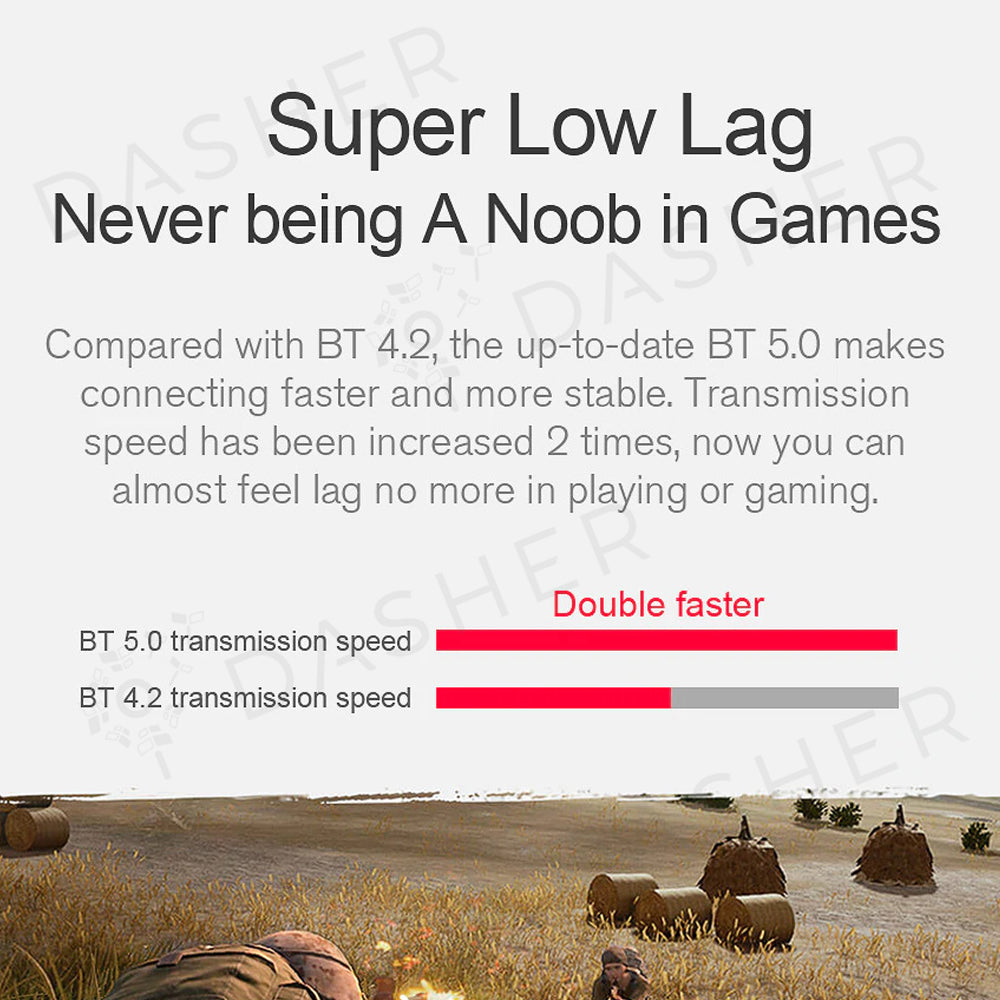 Super low lag feature graphic with GT1 earbuds illustration and Bluetooth speed comparison text