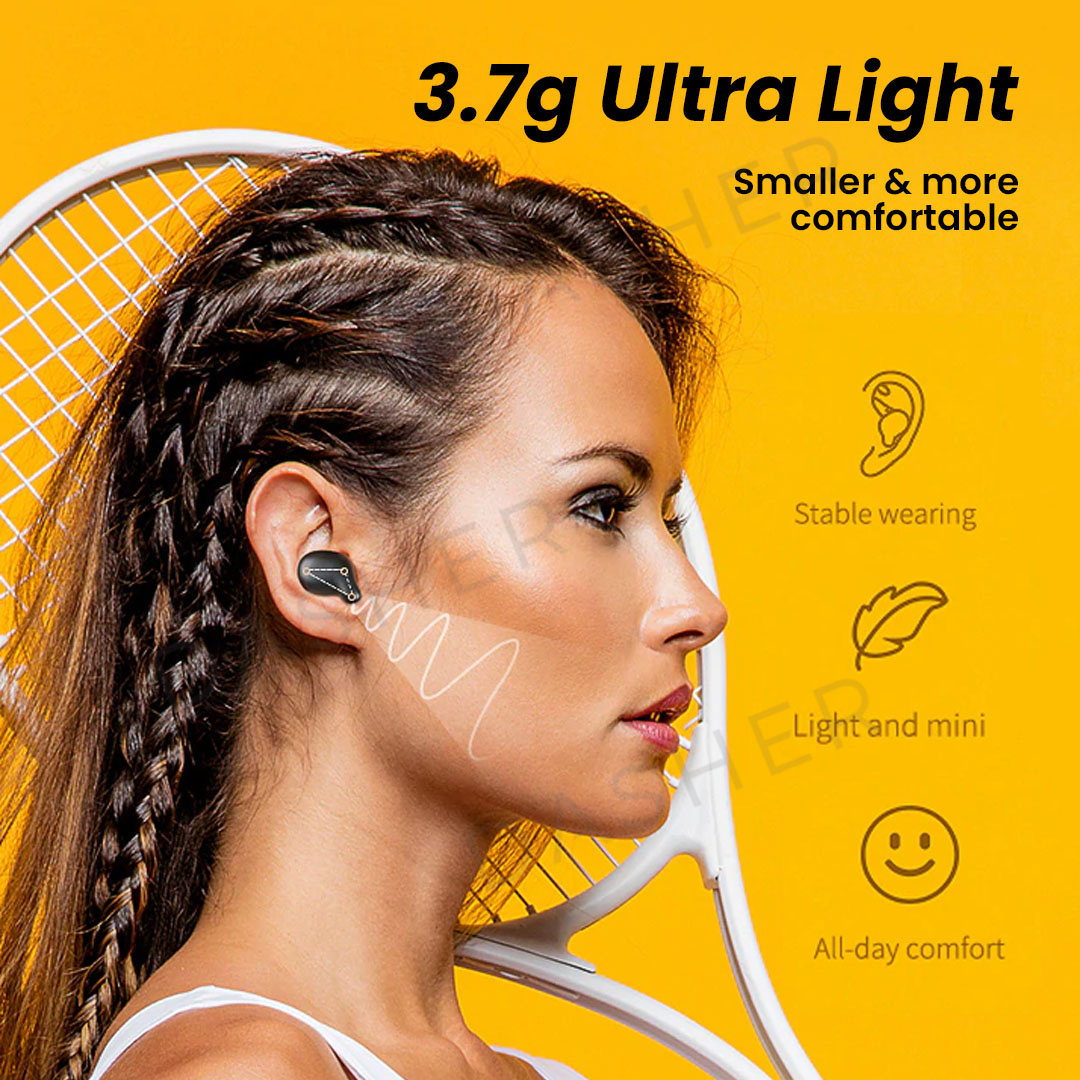 Black wireless earbud in ear with white cable for in-ear listening