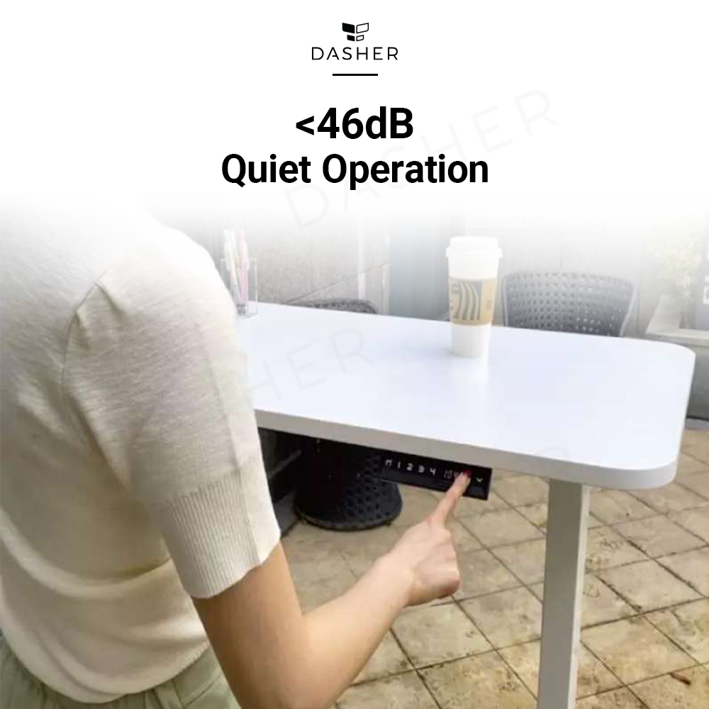 Quiet height adjustable desk showing underside control panel and smooth tabletop