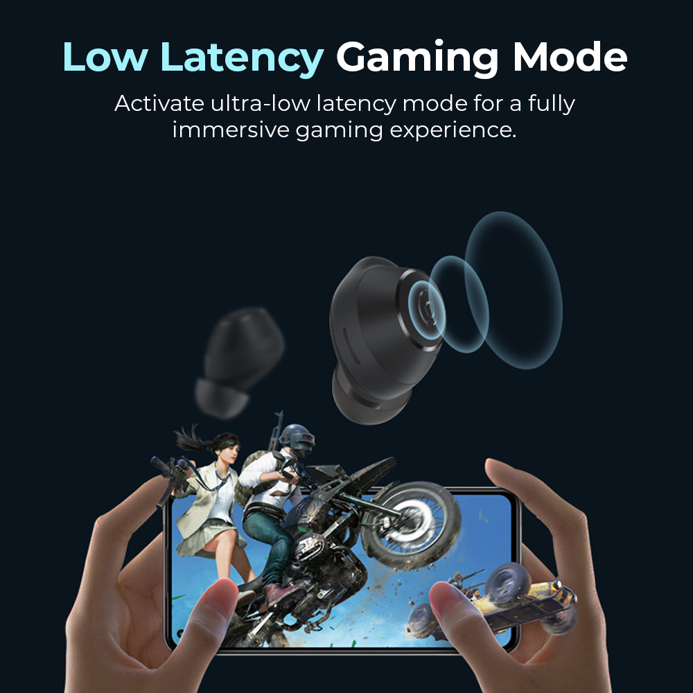 Werbegrafik „Low Latency Gaming Mode“ mit earbuds und Smartphone in Händen