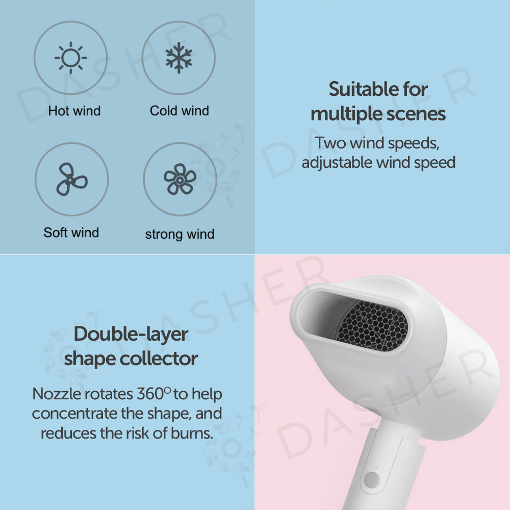 XiaoMi H101 Hair Dryer Negative Ion Quick Drying Foldable Anti Damage Deep Hydration - White/Pink (1600W) 小米负离子速干吹风机