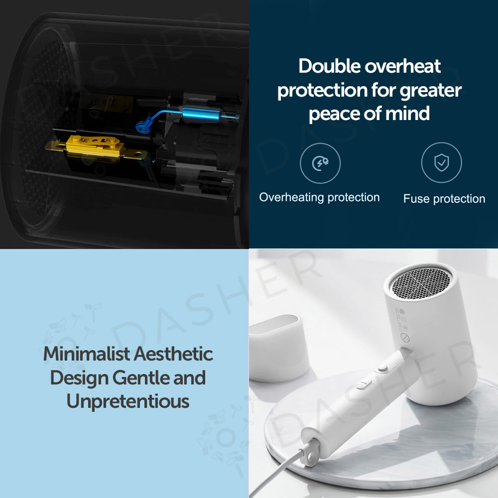 XiaoMi H101 Hair Dryer Negative Ion Quick Drying Foldable Anti Damage Deep Hydration - White/Pink (1600W) 小米负离子速干吹风机