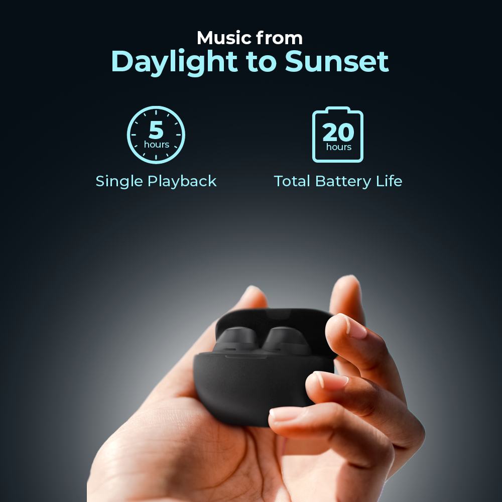 Black earbuds and open charging case held in a hand; battery-life graphic