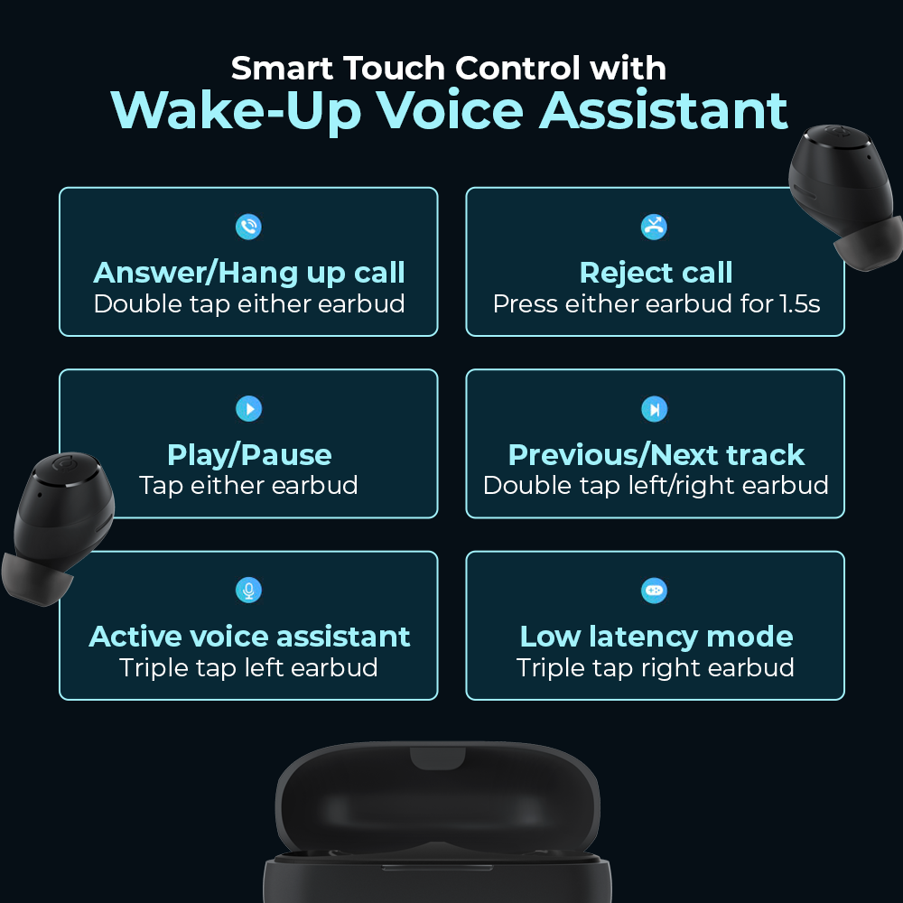 Black earbuds above charging case with smart touch control and voice assistant icons