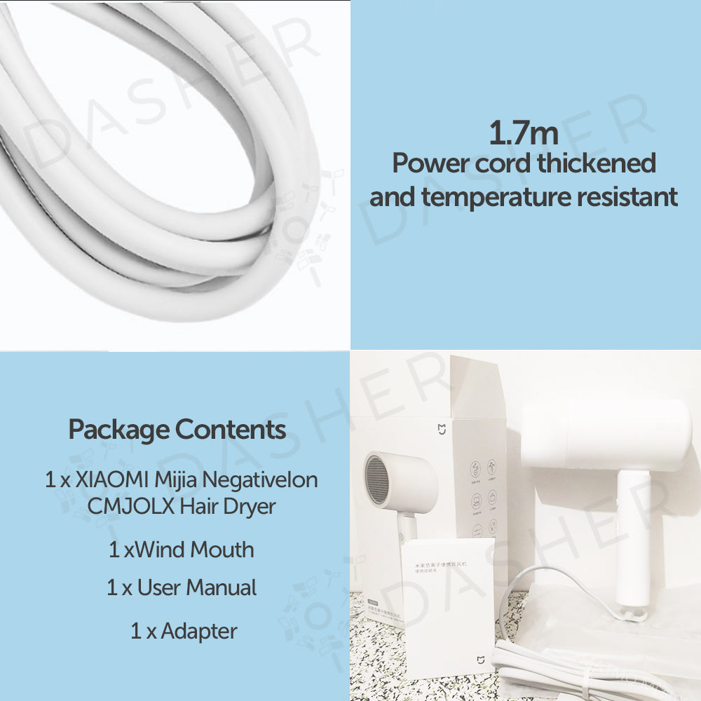XiaoMi H101 Hair Dryer Negative Ion Quick Drying Foldable Anti Damage Deep Hydration - White/Pink (1600W) 小米负离子速干吹风机