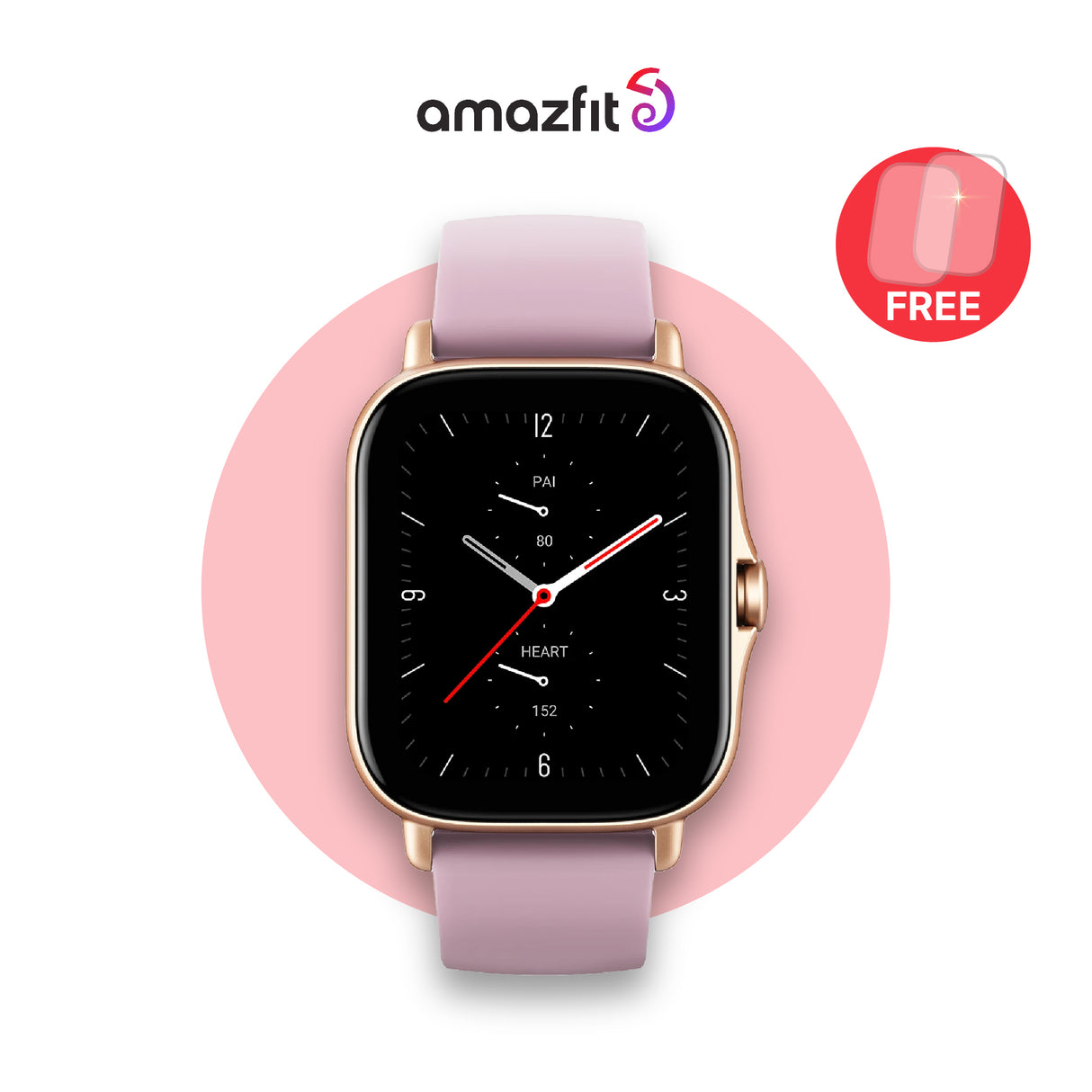 Amazfit GTS 2E Smartwatch mit Lilac Purple Silikonband, schwarzer Displayanzeige