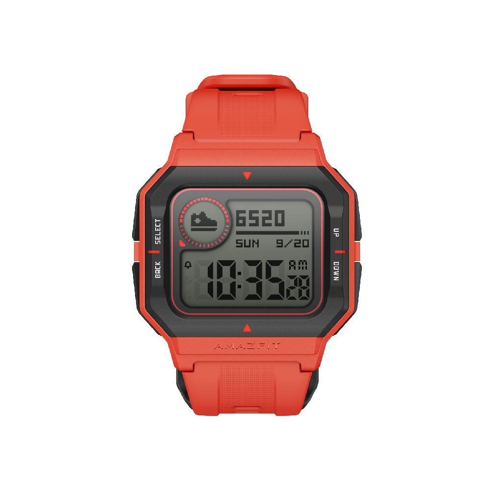 Orange Amazfit NEO smartwatch front view with digital screen