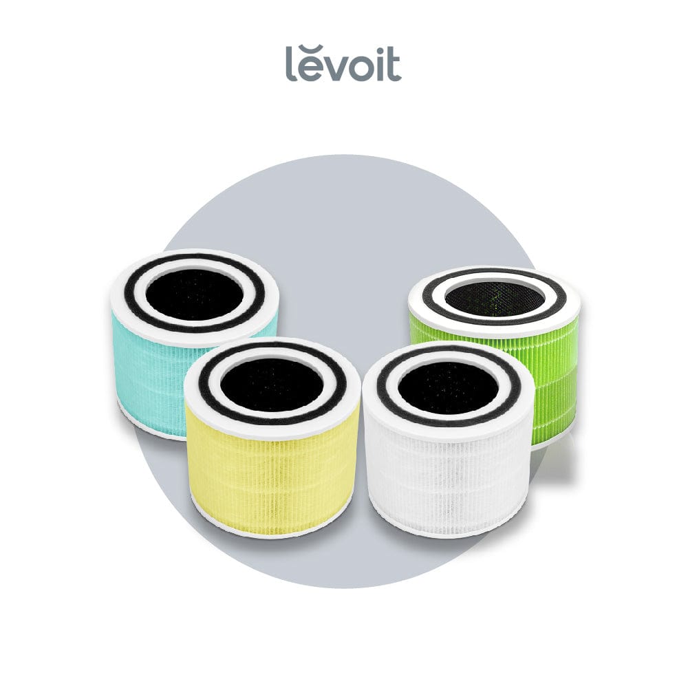 Four Core 300/300S replacement filters: blue, yellow, green, and white