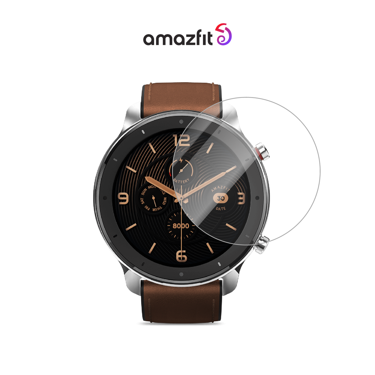 Smartwatch screen protector with clear curved glass over brown leather strap model