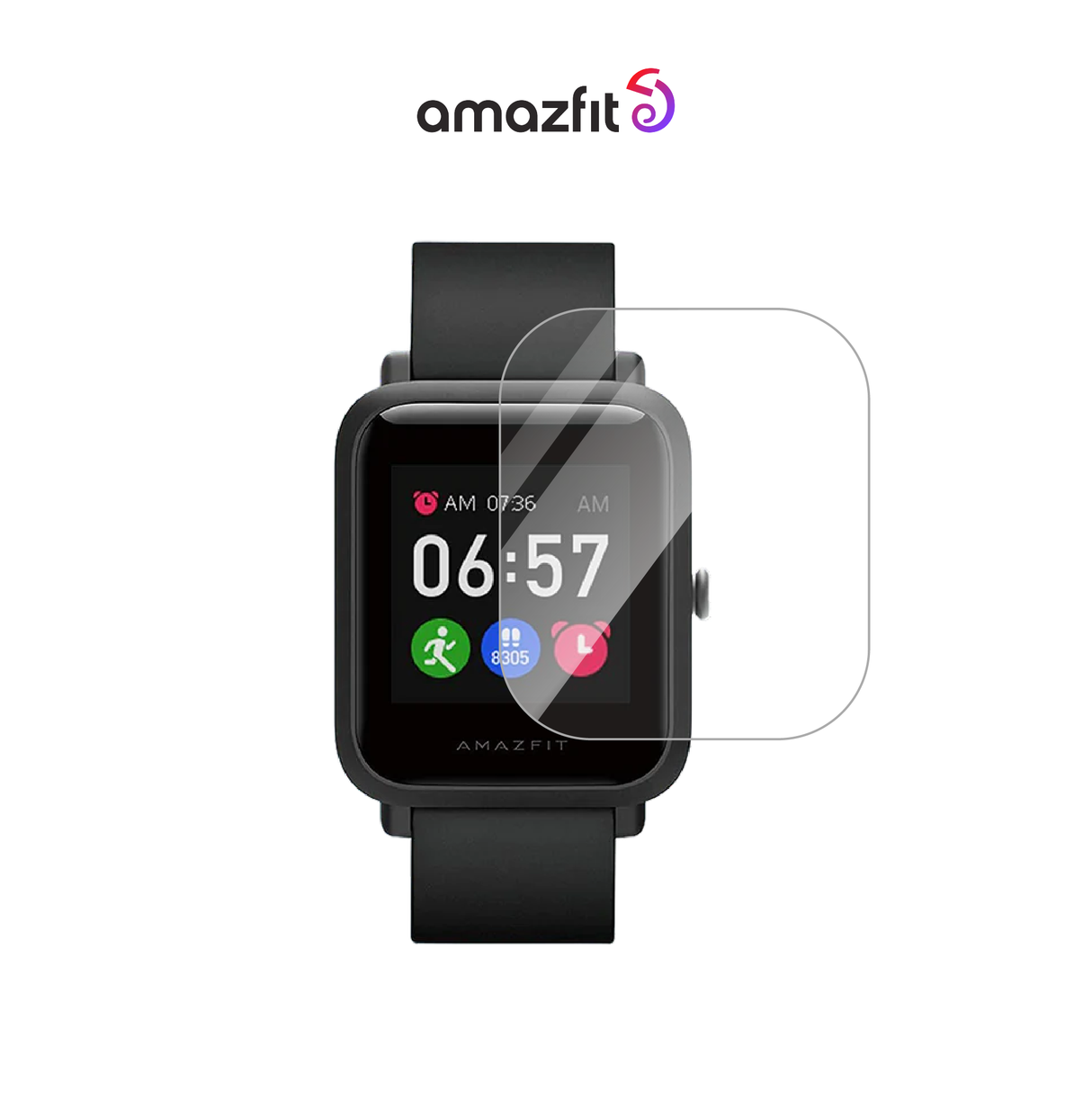 Clear screen protector for square smartwatch display, curved glass on black strap