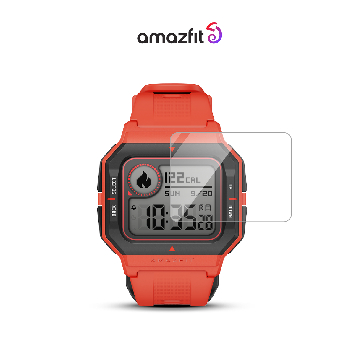 Clear screen protector for rectangular smartwatch screen, curved glass on red strap