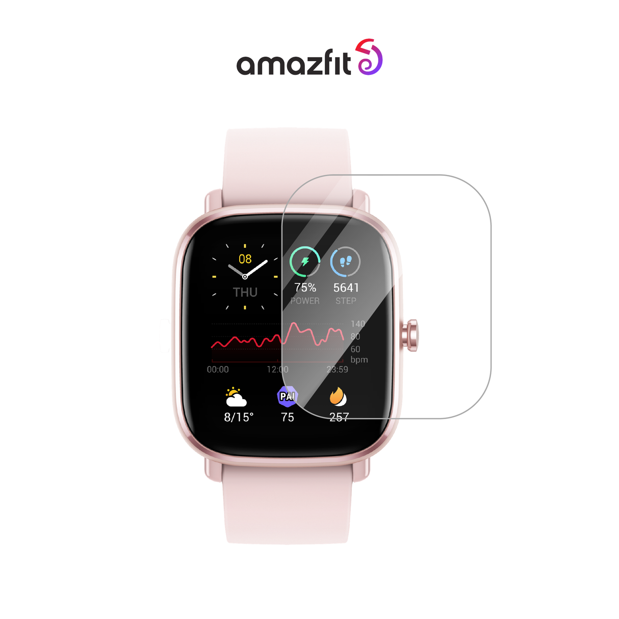 Clear screen protector for smartwatch display, curved glass on pink strap