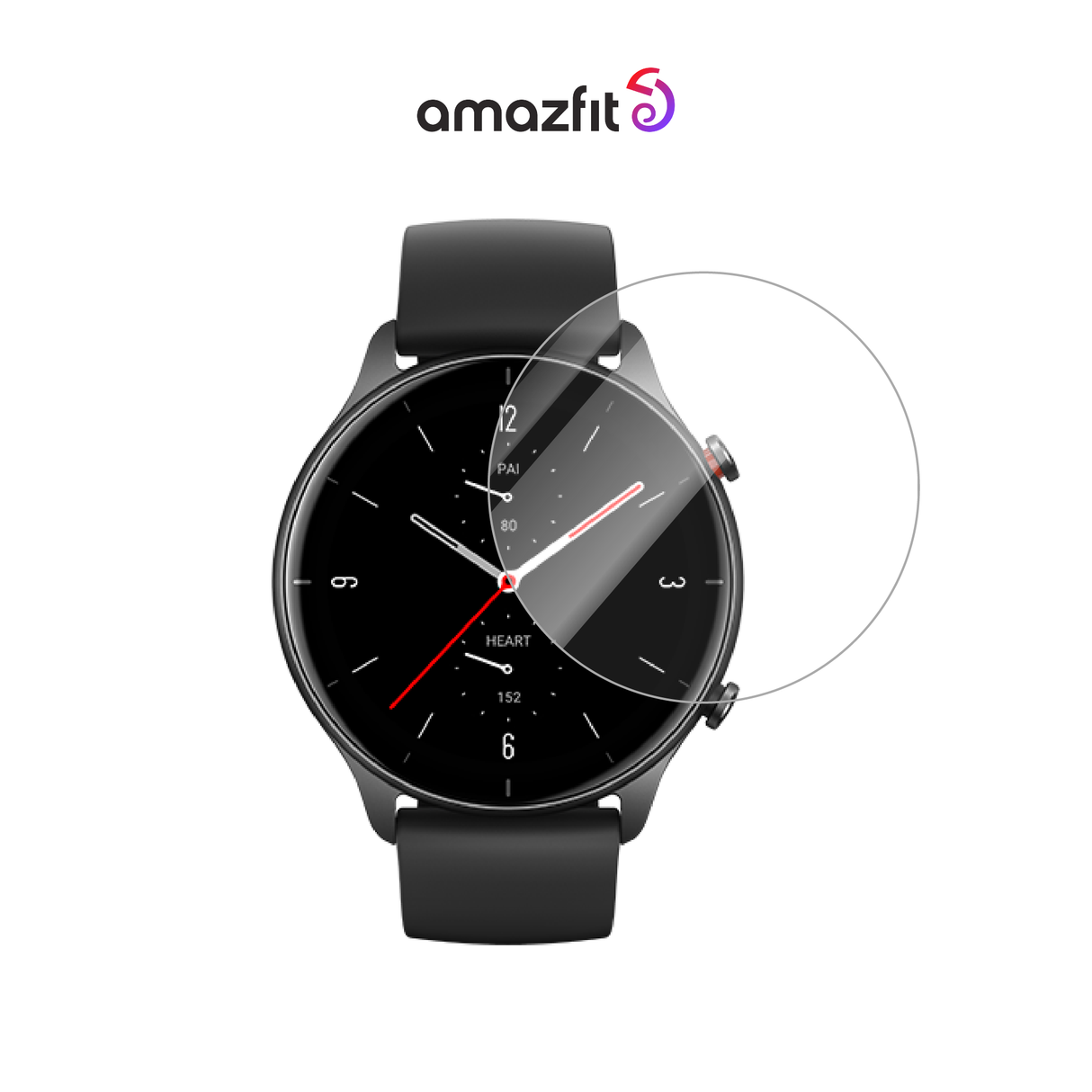 Smartwatch screen protector, transparent curved glass covering black watch face