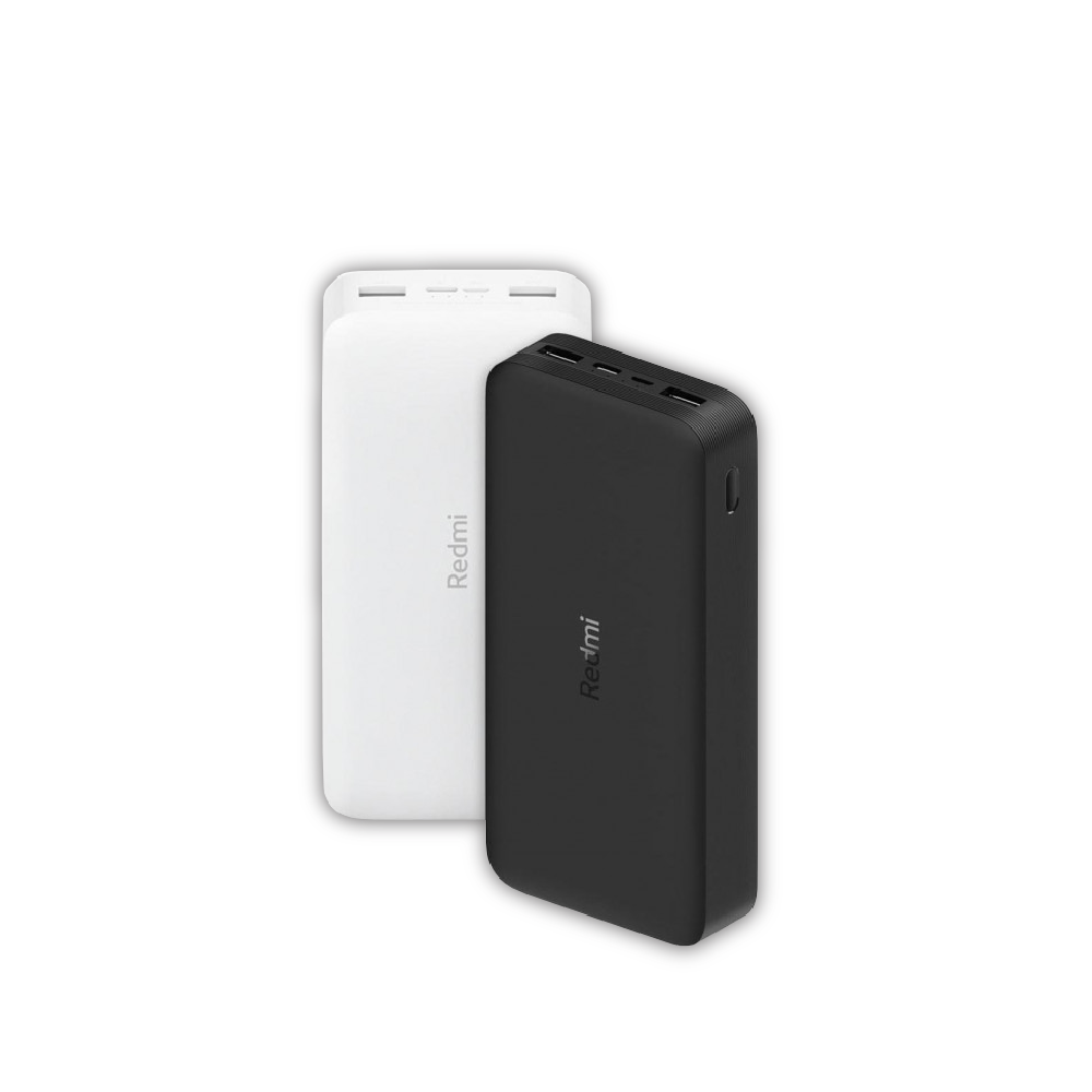 20000mAh power banks in white and black, stacked with side port openings
