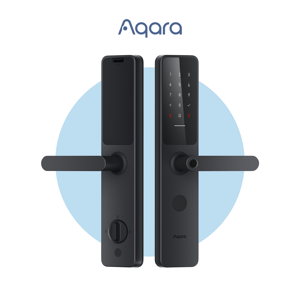 Aqara Smart Door Lock A100 front view with keypad, lever handle, and touchscreen