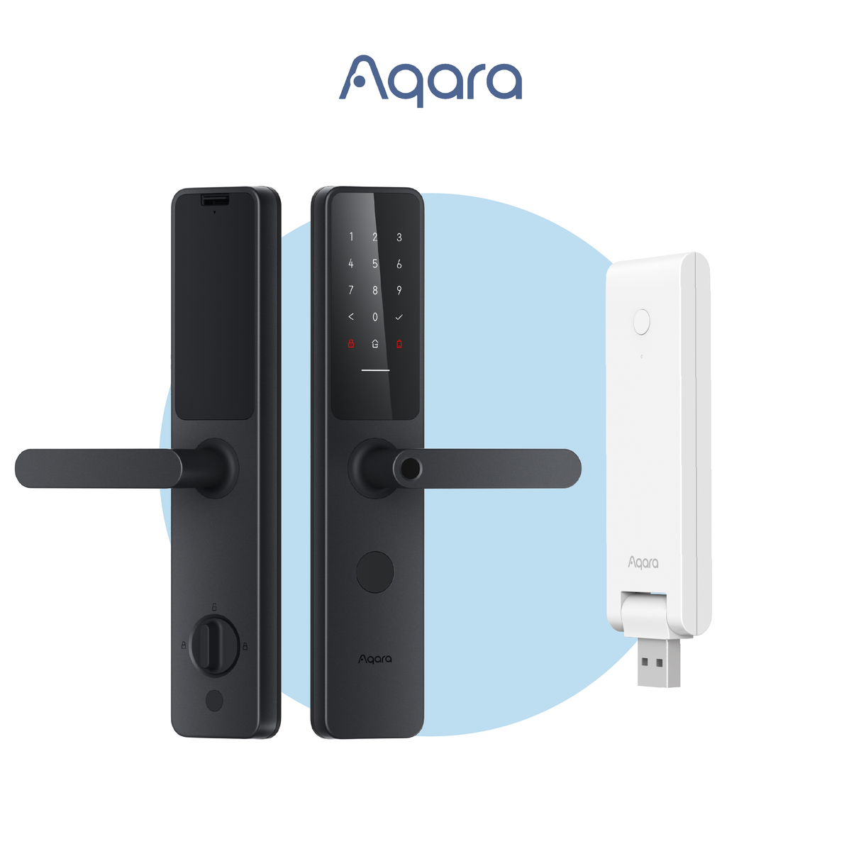 Aqara A100 smart door lock with keypad screen, lever handle, and control module
