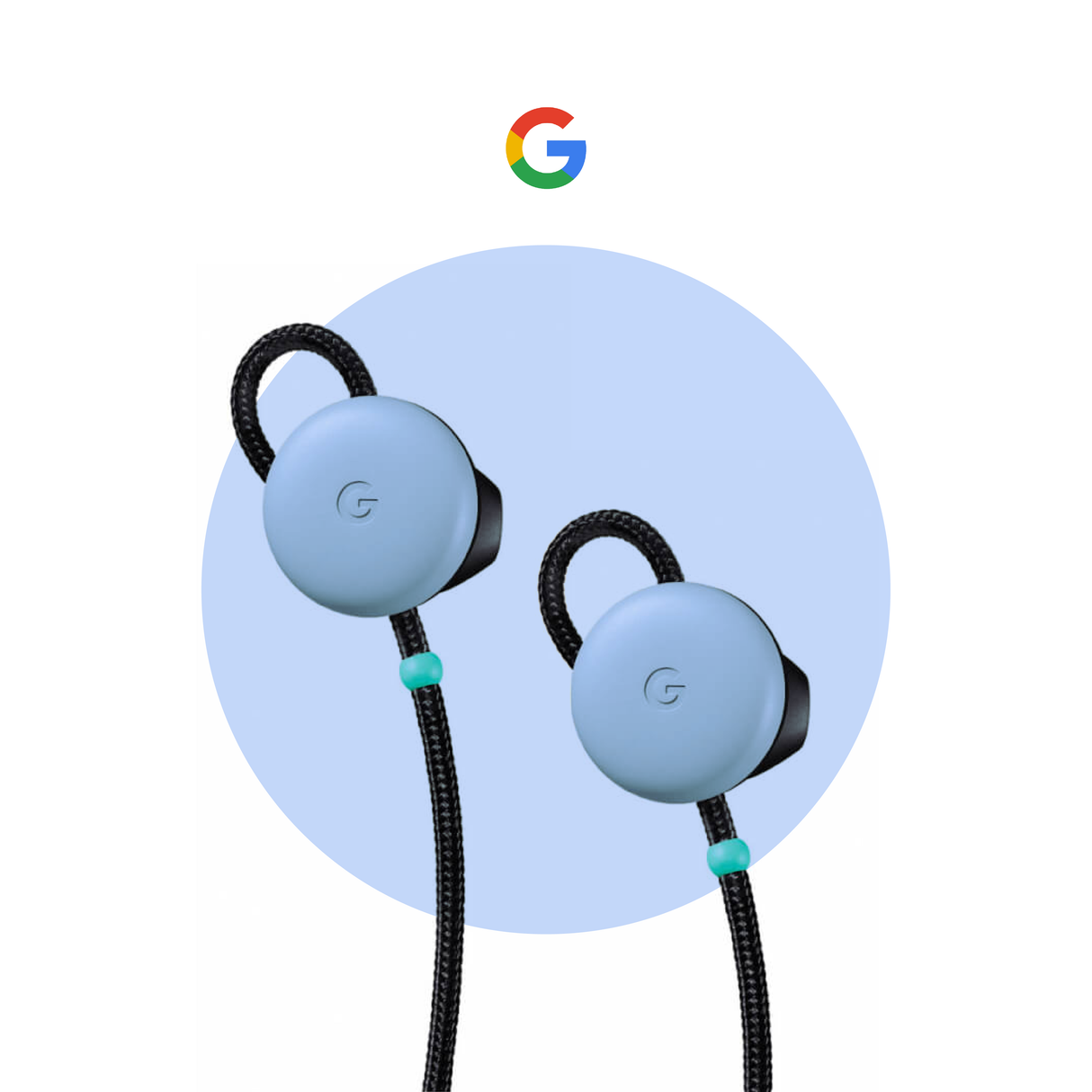 Light blue wired earbuds with turquoise cable accents