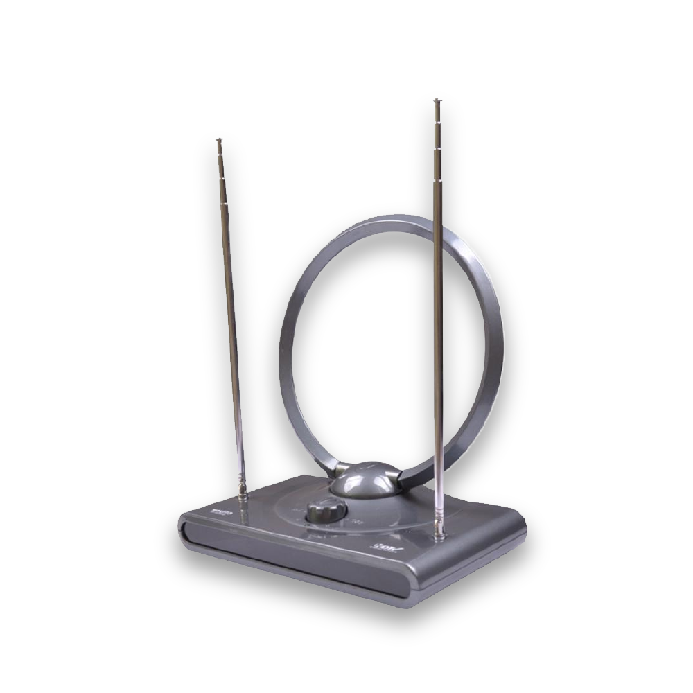 Indoor digital antenna with circular ring, two vertical rods, and desktop base